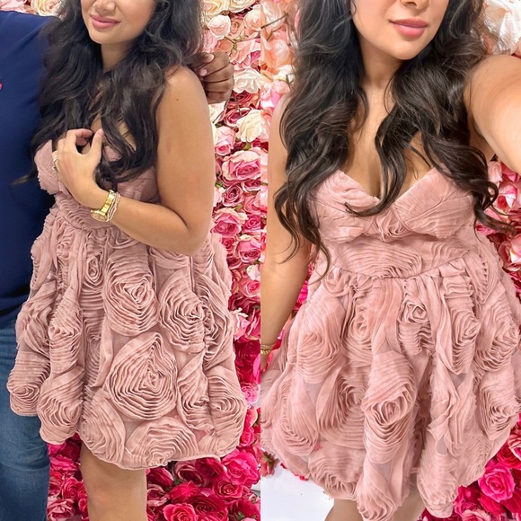 NWOT ASOS LUXE bandeau corsetted 3 D floral mini skater dress in pink - Picture 3 of 9